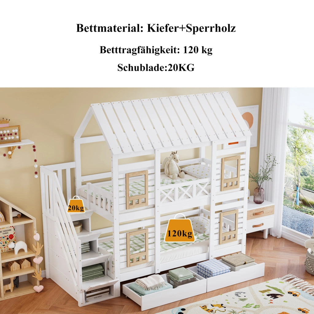 Letto a castello per bambini con 2 cassetti e scala contenitore; 90x200 cm; bianco e naturale