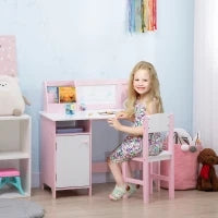 Set Tavolo e Sedie per Bambini 5+ Anni in Legno con Banco Scuola e Sedia Bianco e Rosa