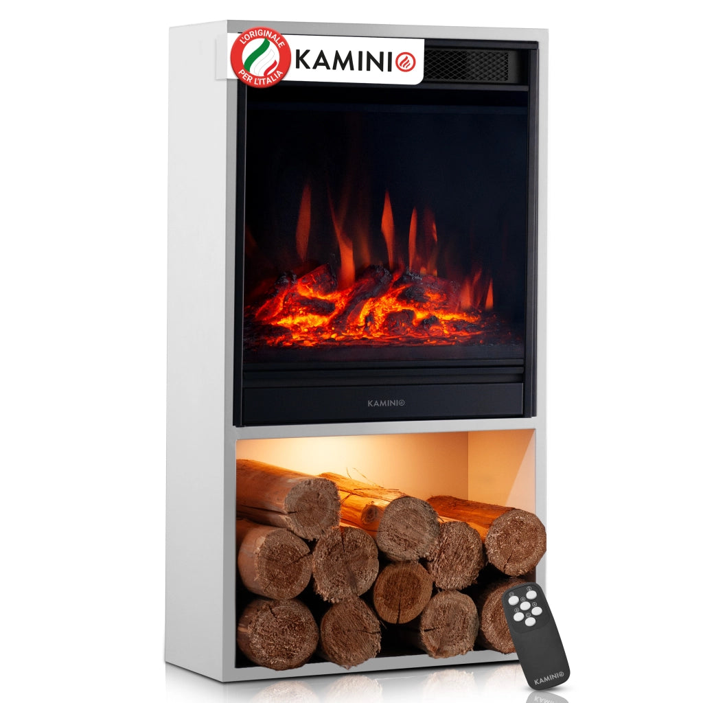 KAMINIO Camino elettrico HUGO - Stufa elettrica con riscaldamento, effetto fiamma 3D, luce ambiente a LED, scomparto de legno, telecomando - Bianco