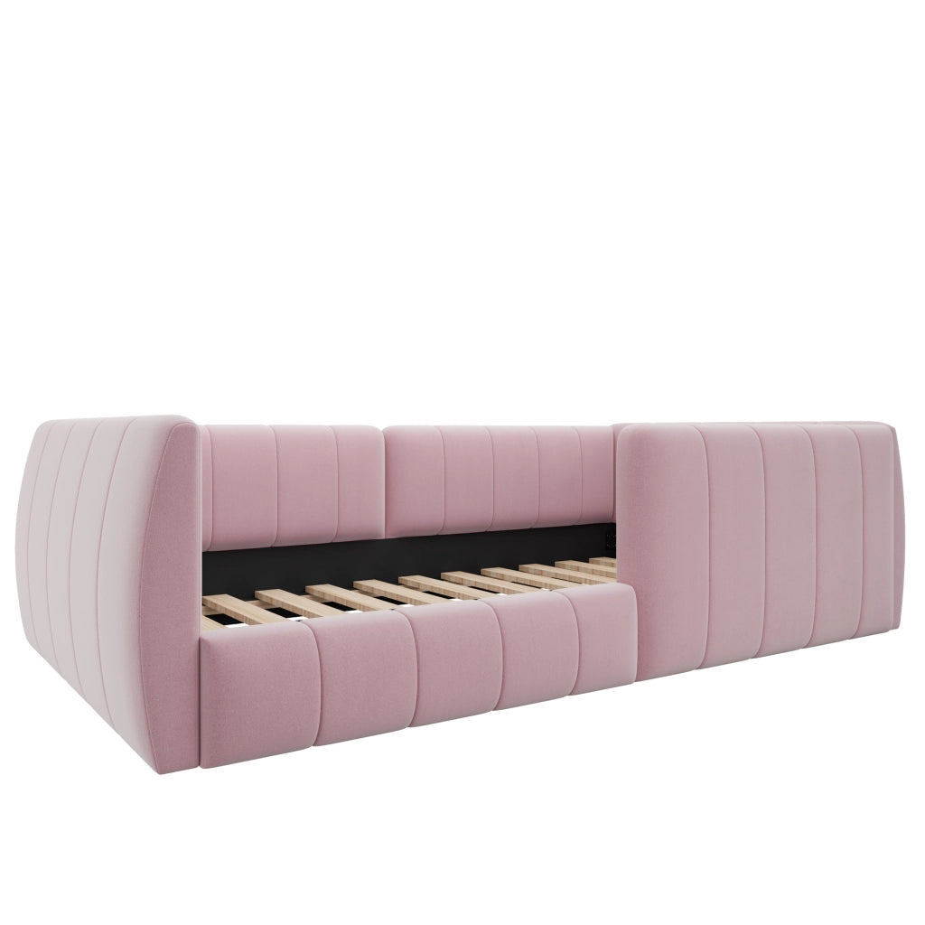 DESMIU Letto singolo 90 × 200 cm con barriera di sicurezza, schienale imbottito, senza materasso, in MDF, rosa