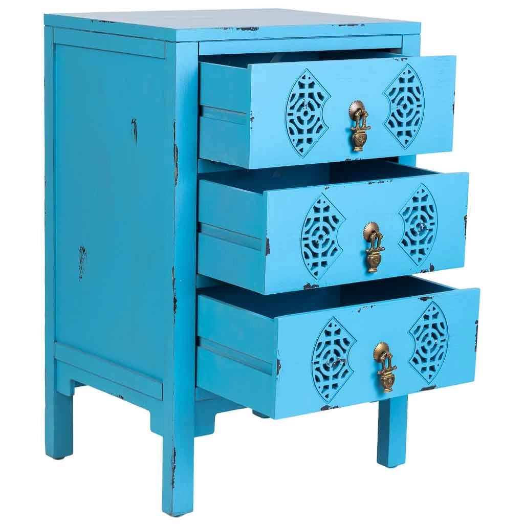 Mesita de madera con 3 cajones azul 45x36x70