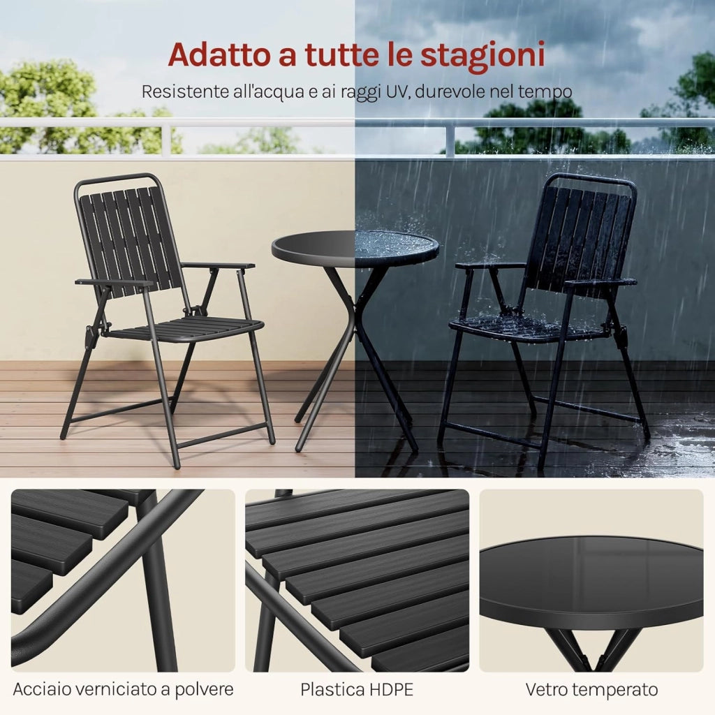 Set di Mobili da Esterno 3 Pezzi, Tavolo con 2 Sedie Pieghevoli, Struttura in Metallo, Resistente alle Intemperie, per Giardino, Terrazza e Balcone, Nero