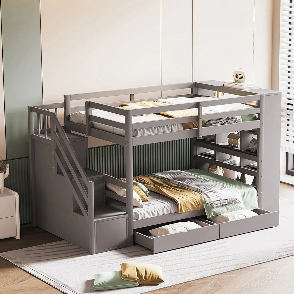 Letto a castello 90x200 cm - Xylo - Grigio con scala di sicurezza e cassetti