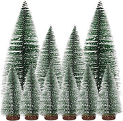 Mini alberi di cedro - Set da 10 pezzi con base in legno - Effetto neve per decorazione da tavolo