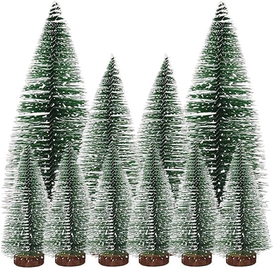 Mini alberi di cedro - Set da 10 pezzi con base in legno - Effetto neve per decorazione da tavolo