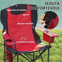 Set 2 Sedie da Campeggio Pieghevoli con Borsa Frigo, Portabicchieri e 2 Tasche, 94x62x100 cm, Rosso