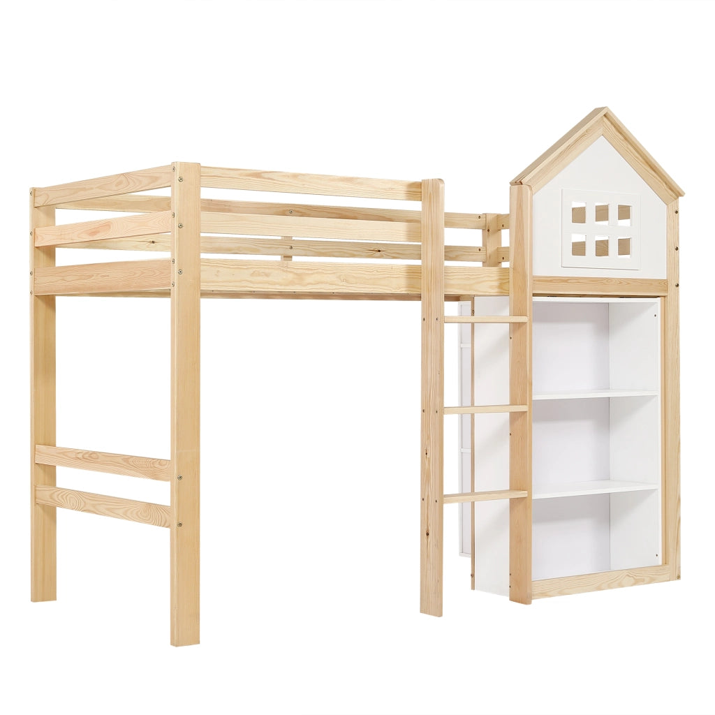 Letto a soppalco 90x200 cm, letto per bambini, con scaffale, cassetti, sponde di sicurezza, a forma di casetta, bianco e color legno