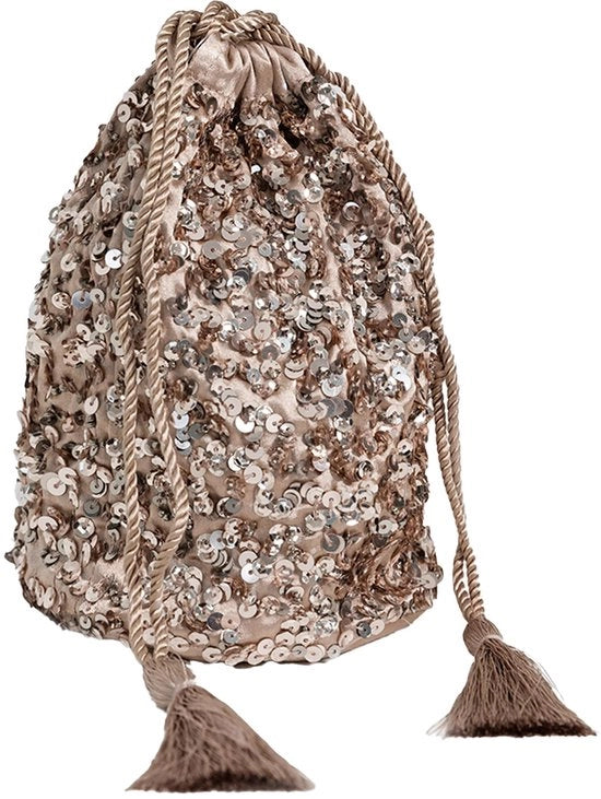 Borsa di Corte per Donna con Corda di Acciaio, Portamonete e Tasca per Festa di Promozione, Abito da Sera in Taupe e Rosa Chiaro