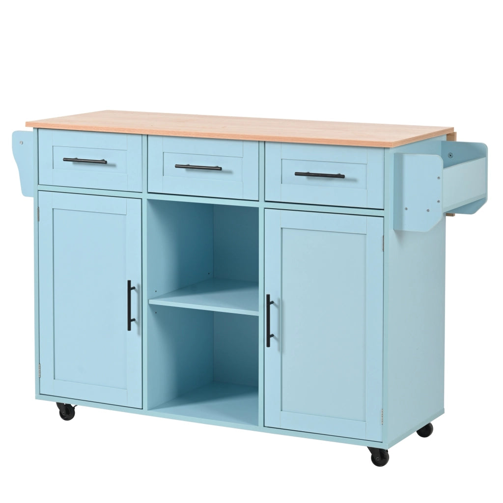 Isola da Cucina Mobile 139x46/71x91;5 cm Blu con Piano Ribaltabile; 3 Cassetti; Ruote e Gambe in Legno