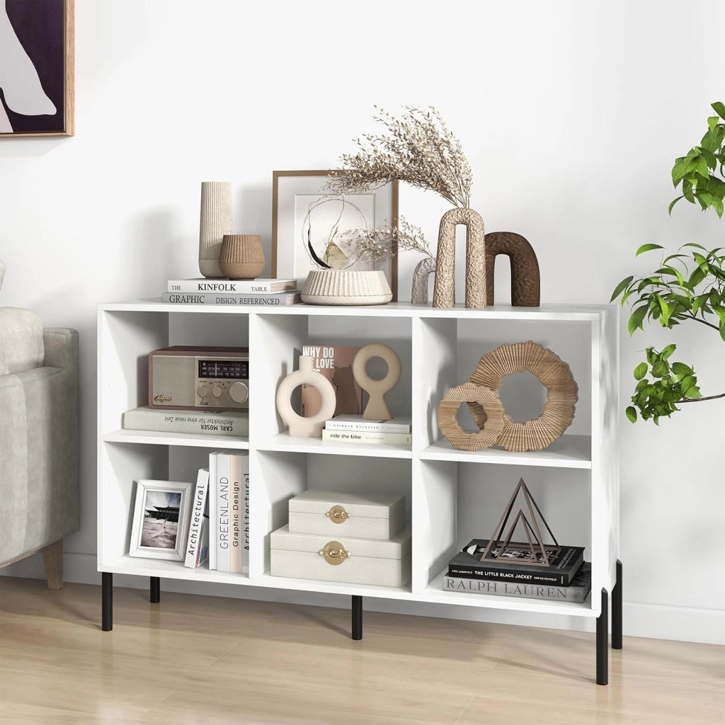 Scaffale a 6 Cubi, Libreria Aperta in Legno con Gambe Metalliche, Ripiani Regolabili in 5 Posizioni, Dispositivo Antiribaltamento, Scaffale per Casa e Ufficio, 120 x 35 x 79,5 cm (Bianco)