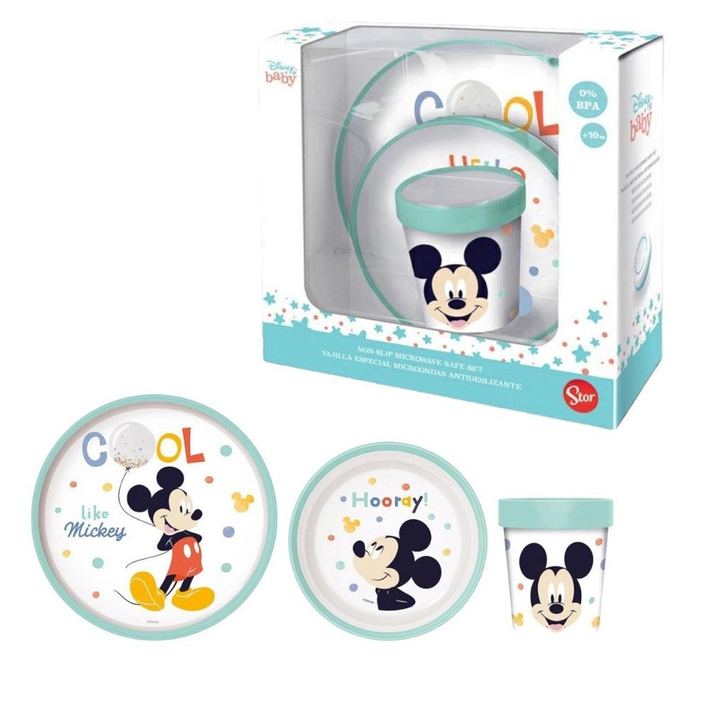 Trade Shop - Set Pappa Topolino Bicchiere Piatti Antiscivolo Azzurro Bambini Prima Pappa -