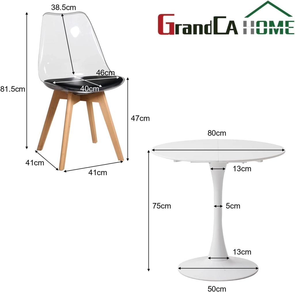 GrandCA HOME Tavolo da Pranzo con 4 Sedie, Tavolo da Pranzo Rotondo Moderno Bianco da 80 CM, 4 Sedie da Cucina Trasparenti Tulip, per Cucina, Soggiorno (Nere)