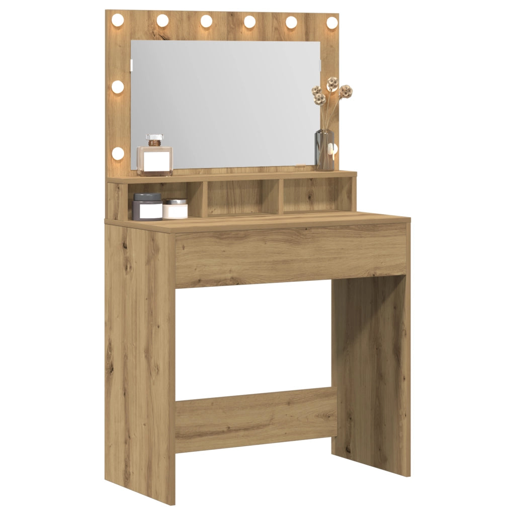 Tavolo da trucco con luci LED in rovere artigianale 79x41x135 cm