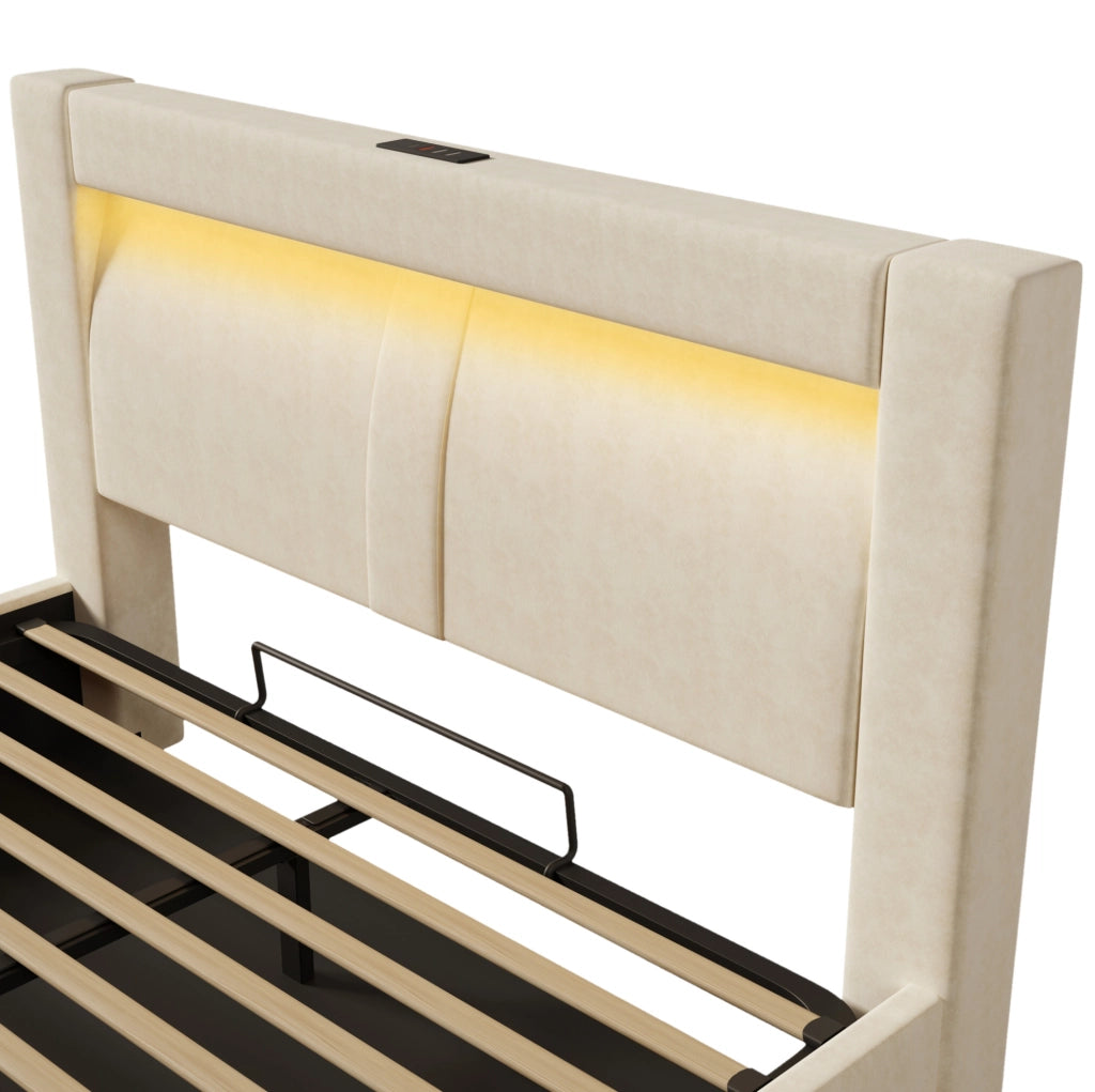 Letto matrimoniale 160x200 cm con contenitore; LED; USB e Type-C; in velluto beige; con materasso