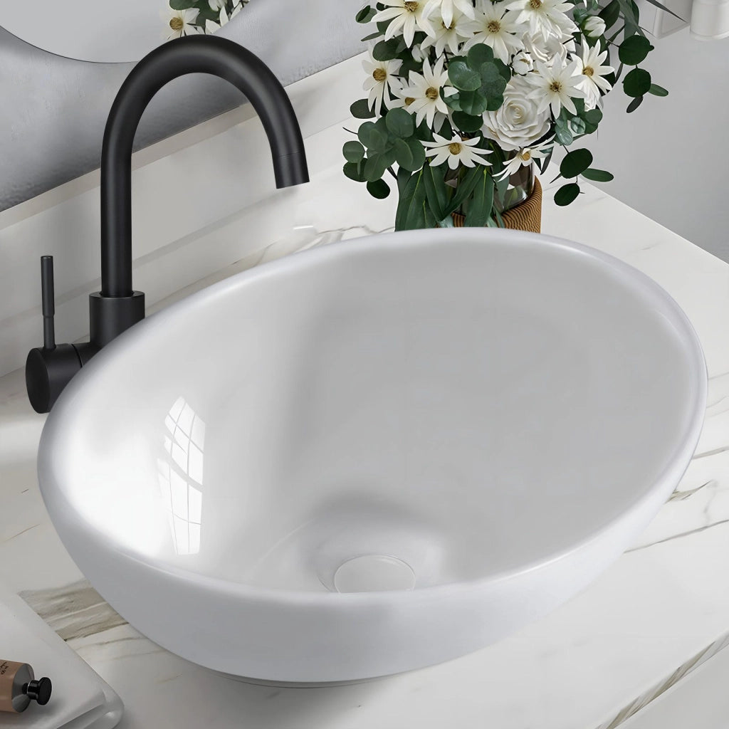 ZMH Lavabo ovale da appoggio in ceramica bianco lucido 41x33x14,5cm