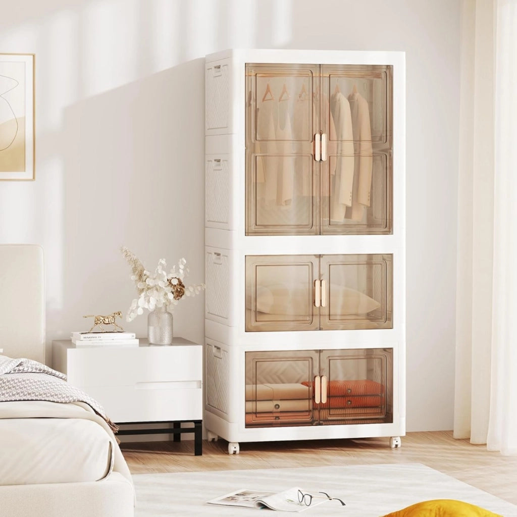Contenitori di stoccaggio 421 l con coperchio, Organizzatore di armadio portatile in plastica con 10 appendini Bianco + Marrone