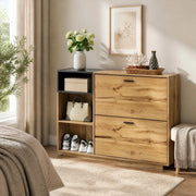 Mobile portascarpe 120x32x84;5 cm in MDF; con 3 vani aperti e 2 vani a ribalta; naturale