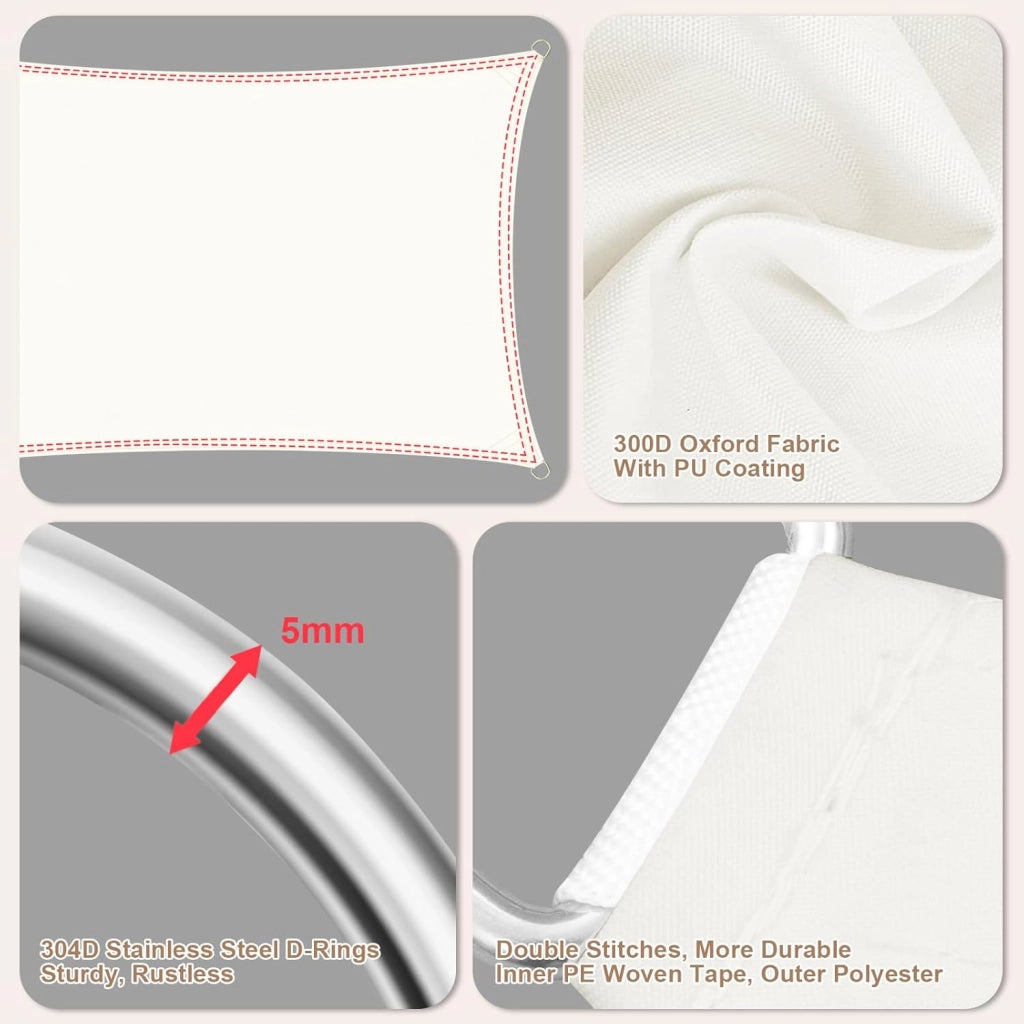 Telo Ombreggiante in PES, Poliestere 200 g/m², Vela Ombreggiante Idrorepellente, Telo Parasole per Esterni, Protezione Solare, con Anelli a D e Corde, per Balcone, Pergolato,3,5x5 m, Crema