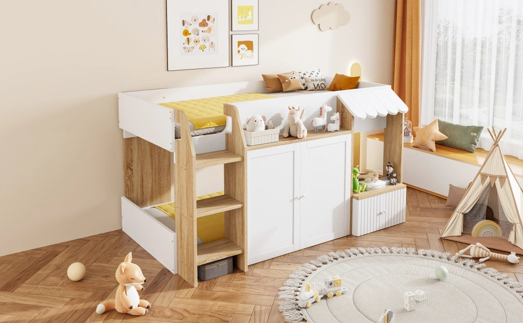 DESMIU Letto a soppalco per bambini 1 posto con scala larga, vano contenitore e ripiani 90 × 200 cm, senza materasso