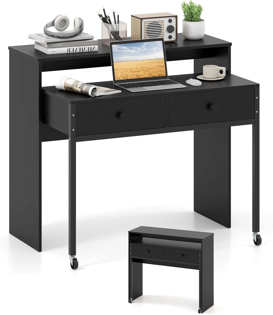 Scrivania per Computer, Tavolo Salvaspazio Retrattile con Cassetti e Ruote Universali Bloccabili, 100 x 63 x 88 cm, Desk Gaming per Ufficio, Soggiorno e Camera da Letto (Marrone)