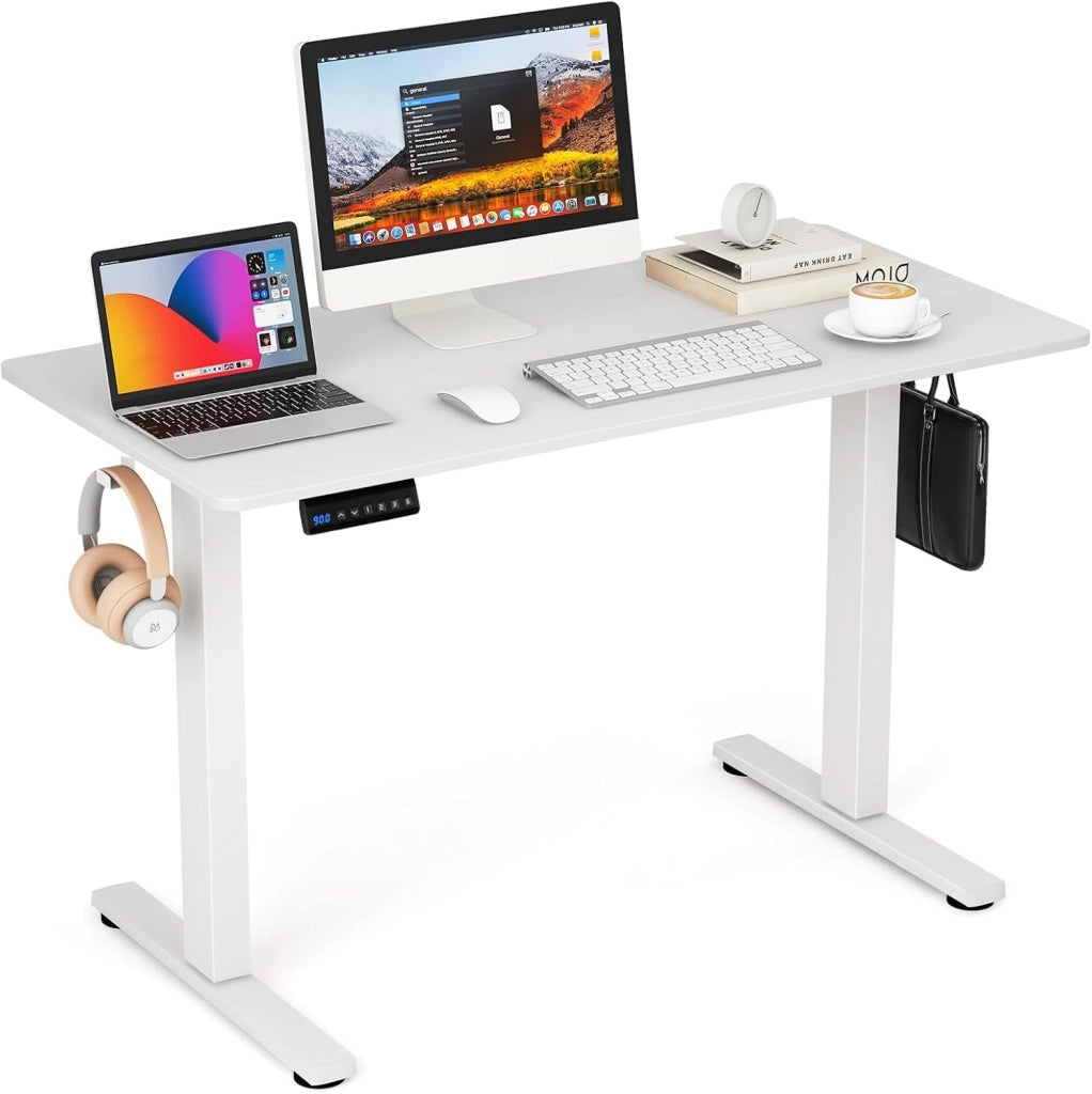 Scrivania Regolabile in Altezza, Scrivania con 3 Impostazioni di Altezza Memorizzabili, 2 Ganci e Gestione dei Cavi, Ideale per Ufficio e Casa, 120 x 60 x 73-122 cm (Bianco)