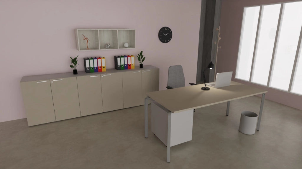 Contenitore basso per archiviazione con ante battenti in melaminico e struttura grigia cm. 180x43x87h