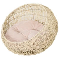 Cuccia per Gatti e Animali Domestici, Cesta in Rattan Beige con Cuscino in Cotone (Ф56 x 35 A cm)