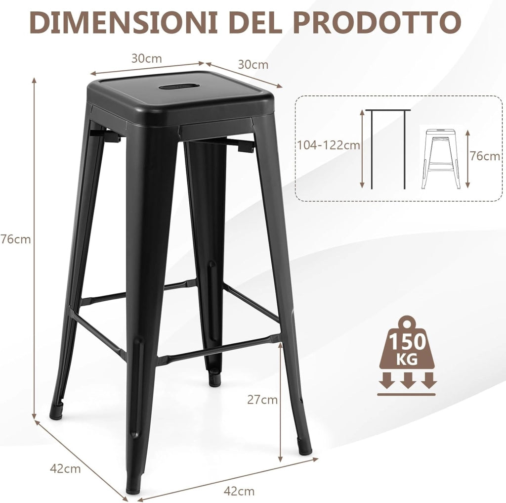 Set di 4 Sgabelli da Bar senza Schienale da 61/76 cm, Sgabelli in Metallo Impilabili con Poggiapiedi per Cucina, Sala da Pranzo e Bar (42 x 42 x 76 cm, Nero)