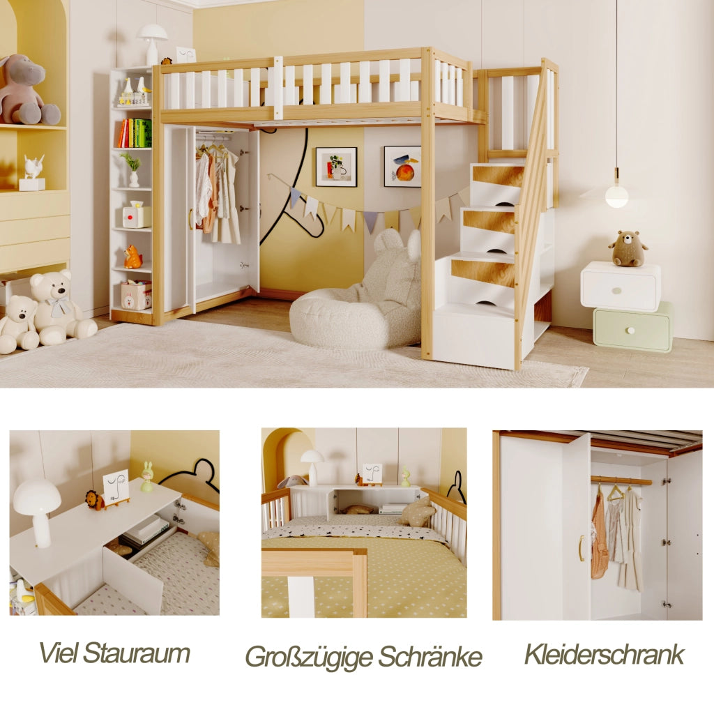 Letto a castello bianco e legno naturale con armadio scaffali e scala portante 90x200 cm