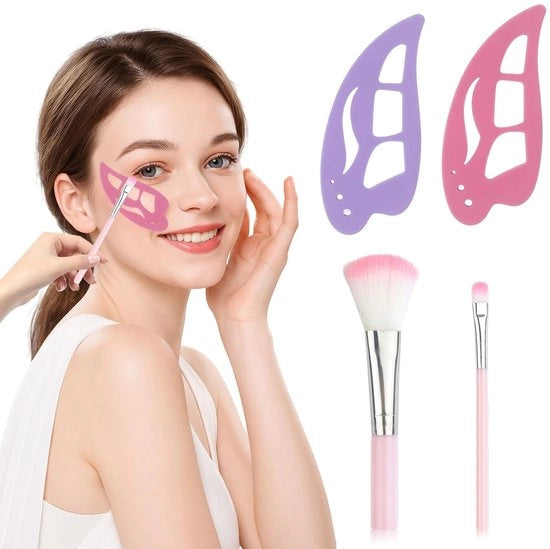 Set di 4 stencil per occhi, eyeliner e ombretto in silicone morbido, comprensivo di pennelli per makeup, attrezzi precisi per principianti, rosa e blu, 4 pezzi