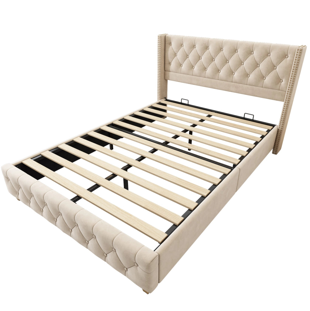 Letto imbottito 160x200 cm capitonn茅; velluto; beige chiaro (Senza materasso)