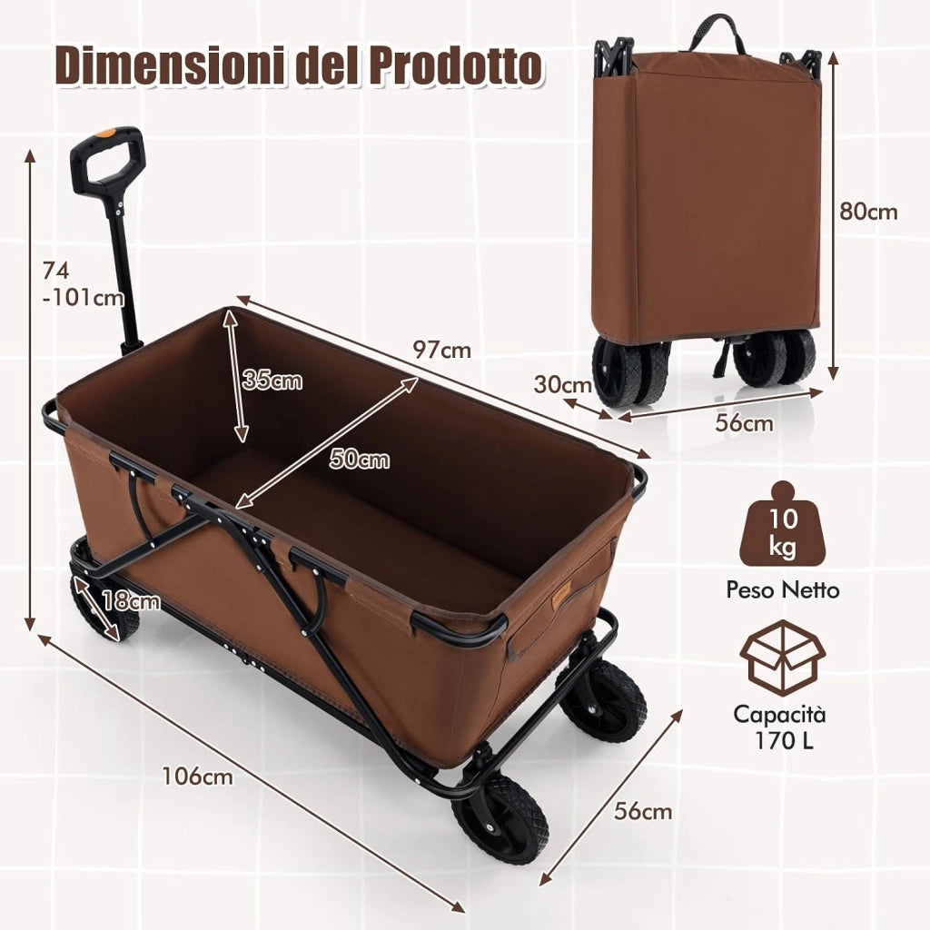 Carrello da Spiaggia Pieghevole 170 L, Carrello con Ruote Portatutto con Maniglia Regolabile e 360° Ruote, Portabottiglie e Tasca Portaoggetti, Carretto Giardino per Campeggio (Marrone)