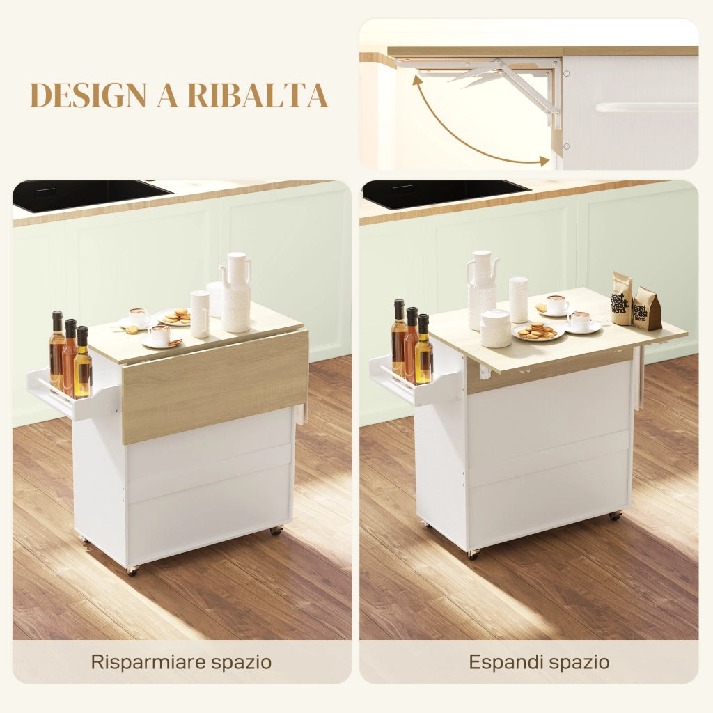 Carrello da Cucina Piano a Ribalta Isola Multiuso con Portaspezie e Portasciugamani 106x42x87 cm Rivestimento in