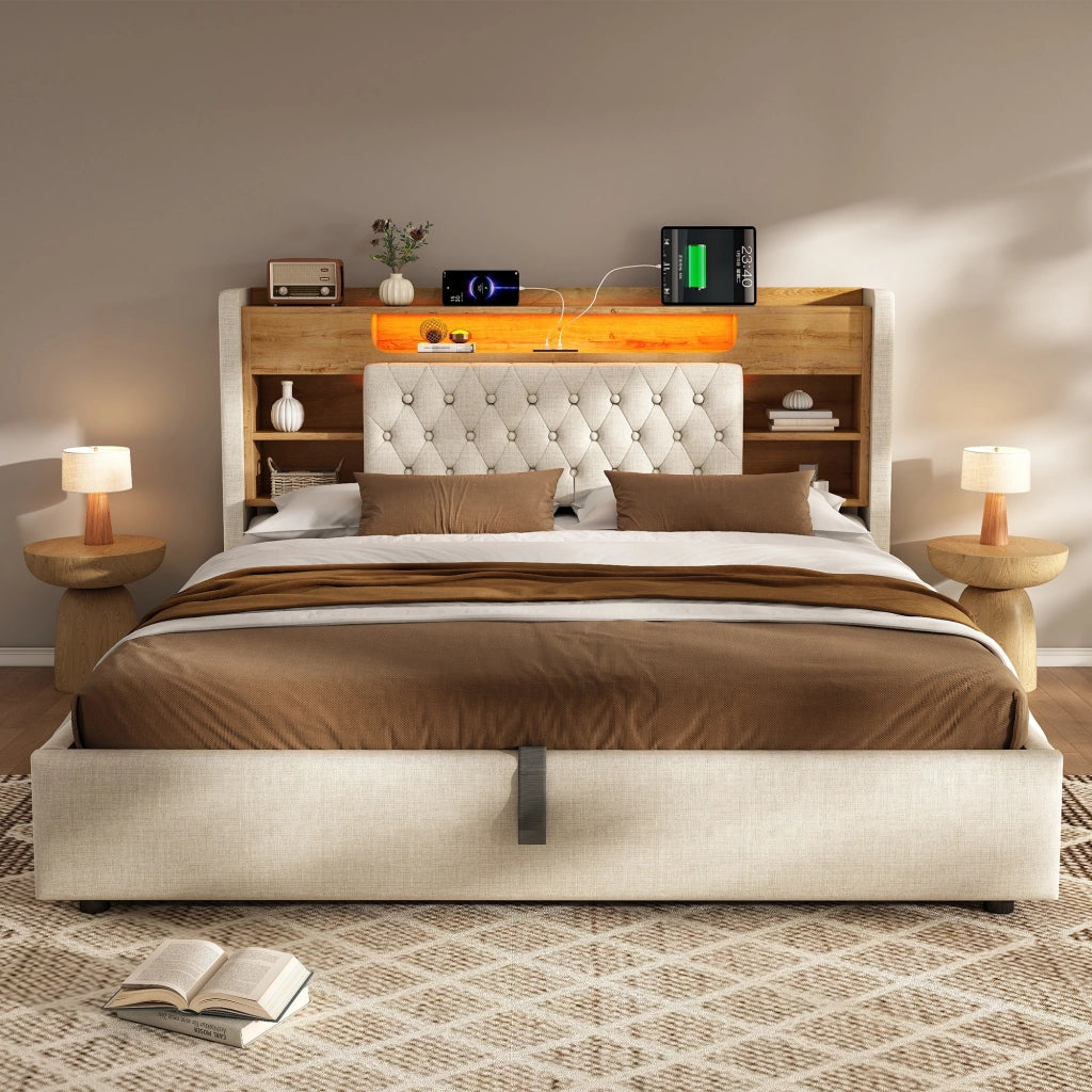 Letto matrimoniale imbottito 160x200 cm, con vano contenitore, illuminazione a LED, porte USB/Type-C, tessuto in lino, beige