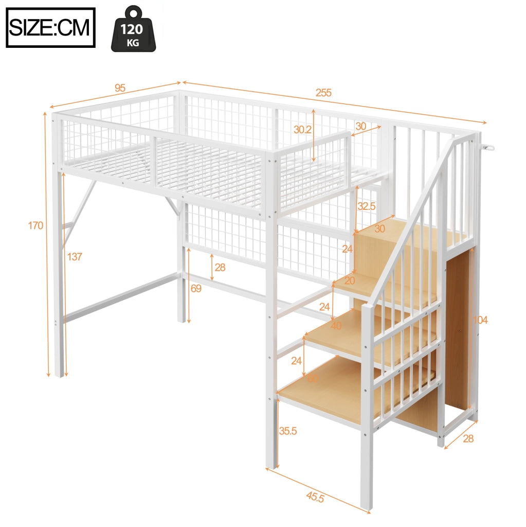 Letto a soppalco 90x200 cm in metallo con LED APP; scala con vano contenitore; bianco