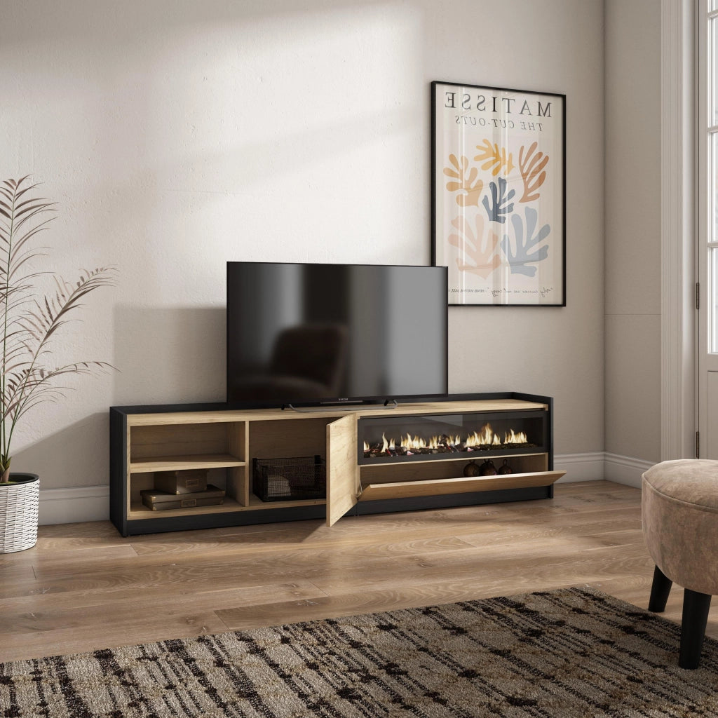 Mobile TV Soggiorno, 207x50x37 cm, Per TV fino a 80", Camino elettrico, Rovere e nero