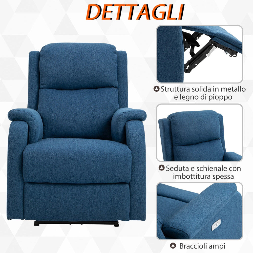 EasyComfort Poltrona Reclinabile con Poggiapiedi, in Tessuto Effetto Lino, Legno e Metallo, 77x91x106 cm, Blu