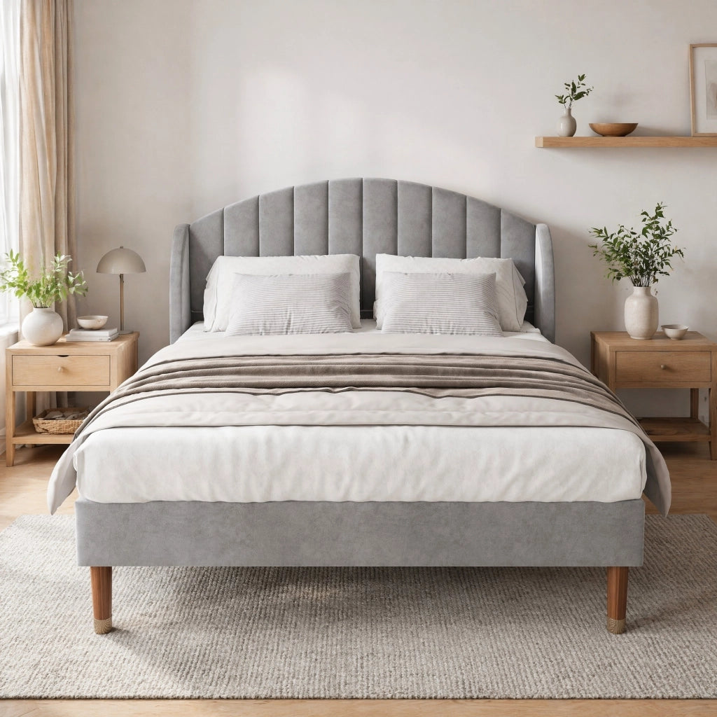 Letto imbottito matrimoniale 160x200 cm in velluto grigio con testiera e rete a doghe