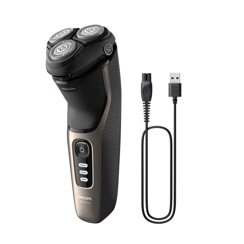 Philips S3242-12 Shaver 3000 Rasoio elettrico rotazione bagnato e asciutto 3 testine autonomia 60 min colore Nero Oro