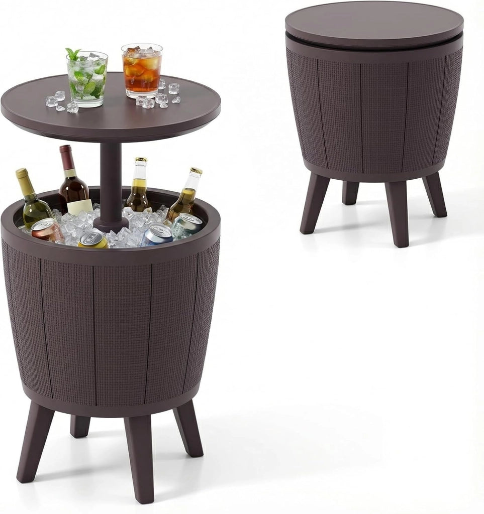 2 in 1 Tavolino Frigo 38L da Esterno, Secchiello Ghiaccio Regolabile in Altezza 49 x 59-84H cm, Tavolo Bar con Tappo di Drenaggio, per Piscina, Cortile e Campeggio (Marrone)
