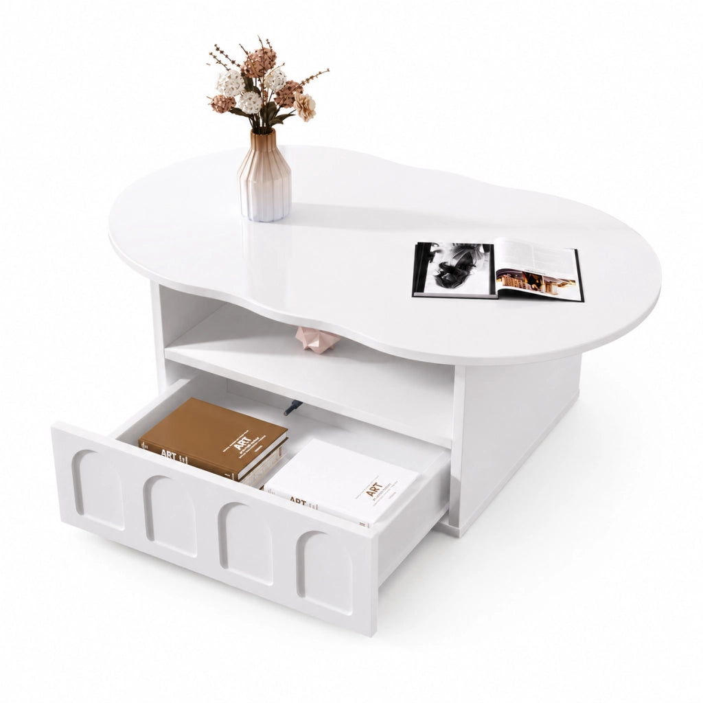 Tavolino da salotto 100x60x40.5 cm; piano a forma di nuvola con cassetto e vano aperto; truciolare bianco