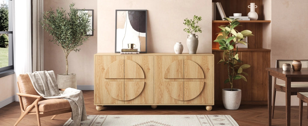 Credenza e madia a 4 ante con 2 vani interni e ripiani regolabili, per soggiorno e ingresso, naturale, 160 × 38 × 76 cm