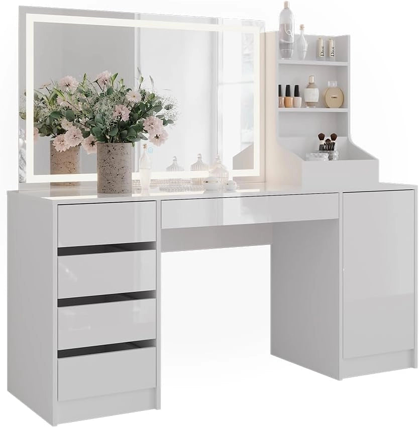 Tavolo da toeletta Sherry, Bianco/bianco lucido, 158.2 cm 3 parti