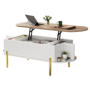 Tavolino da salotto 120x50x43 cm; piano sollevabile con vano nascosto; MDF; bianco e colore naturale