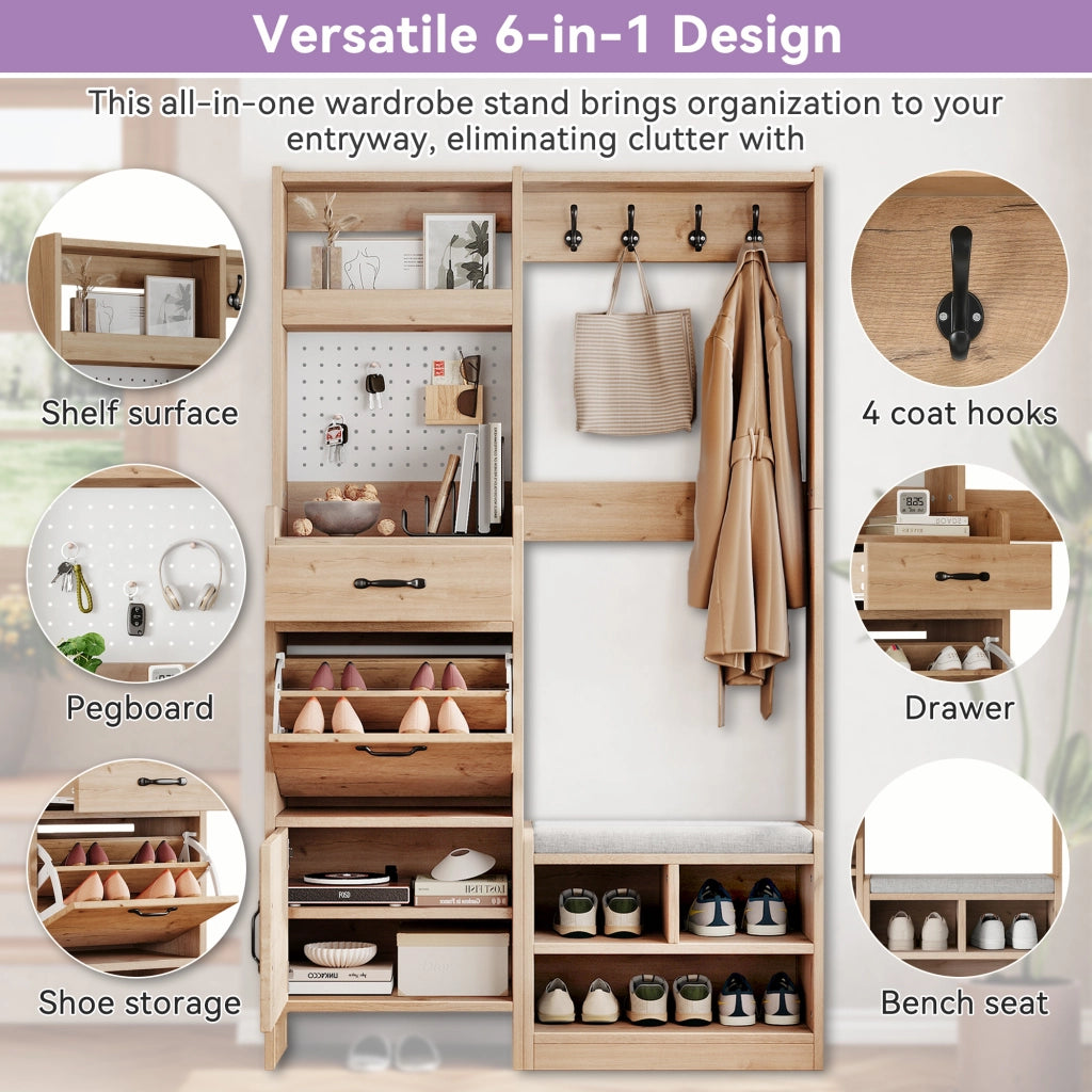 Mobile da ingresso con 2 ante 1 cassetto 4 ganci vano aperto e panca con pannello forato, natural, 108.5 × 35 × 180 cm