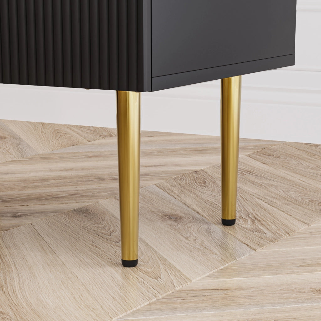Comodino nero moderno con 2 cassetti, struttura in MDF e gambe in metallo