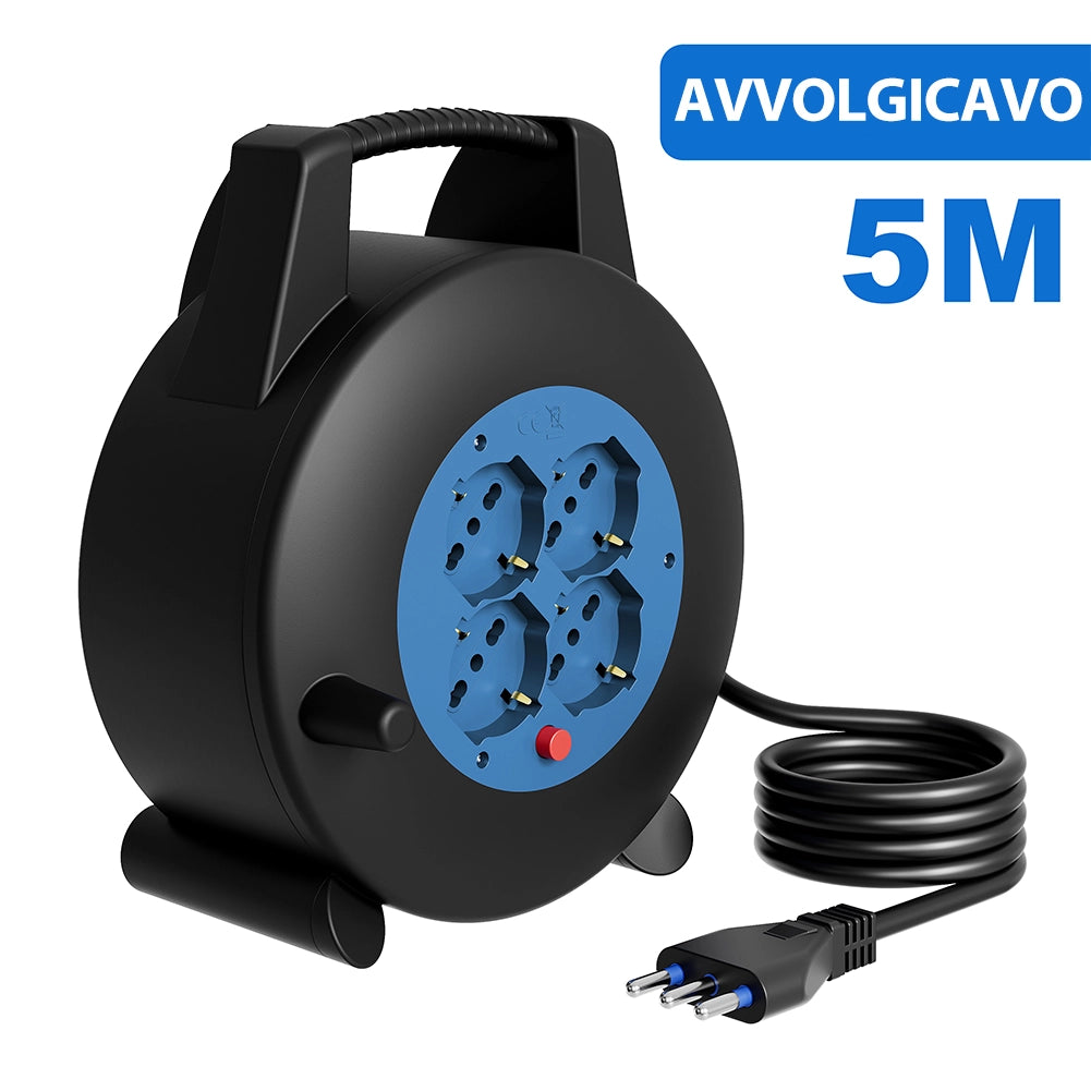 Avvolgicavo Multipresa 5 Metri con Interruttore di Protezione Prolunga 4 Prese