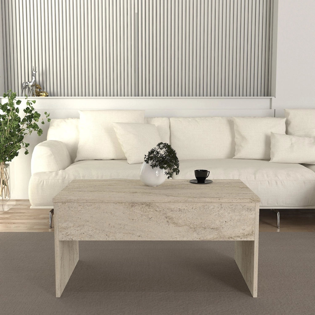 Tavolino "Akilli" con contenitore in legno - 90 x 45 x 52 cm - Travertino