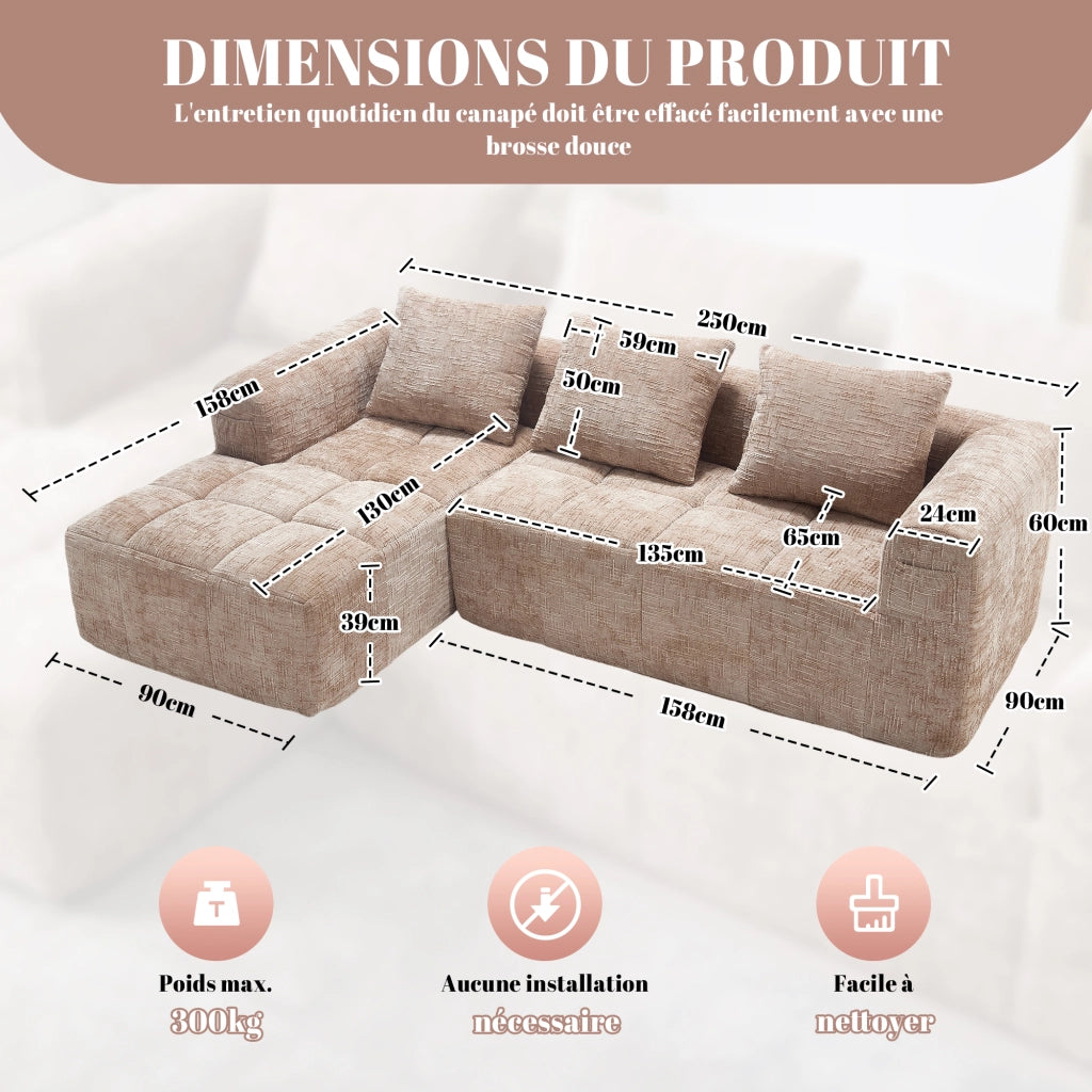Divano Modulare con Chaise Longue 3 Posti con Tasche Laterali e 3 Cuscini, in Ciniglia, Cachi, 250 × 158 × 60 cm