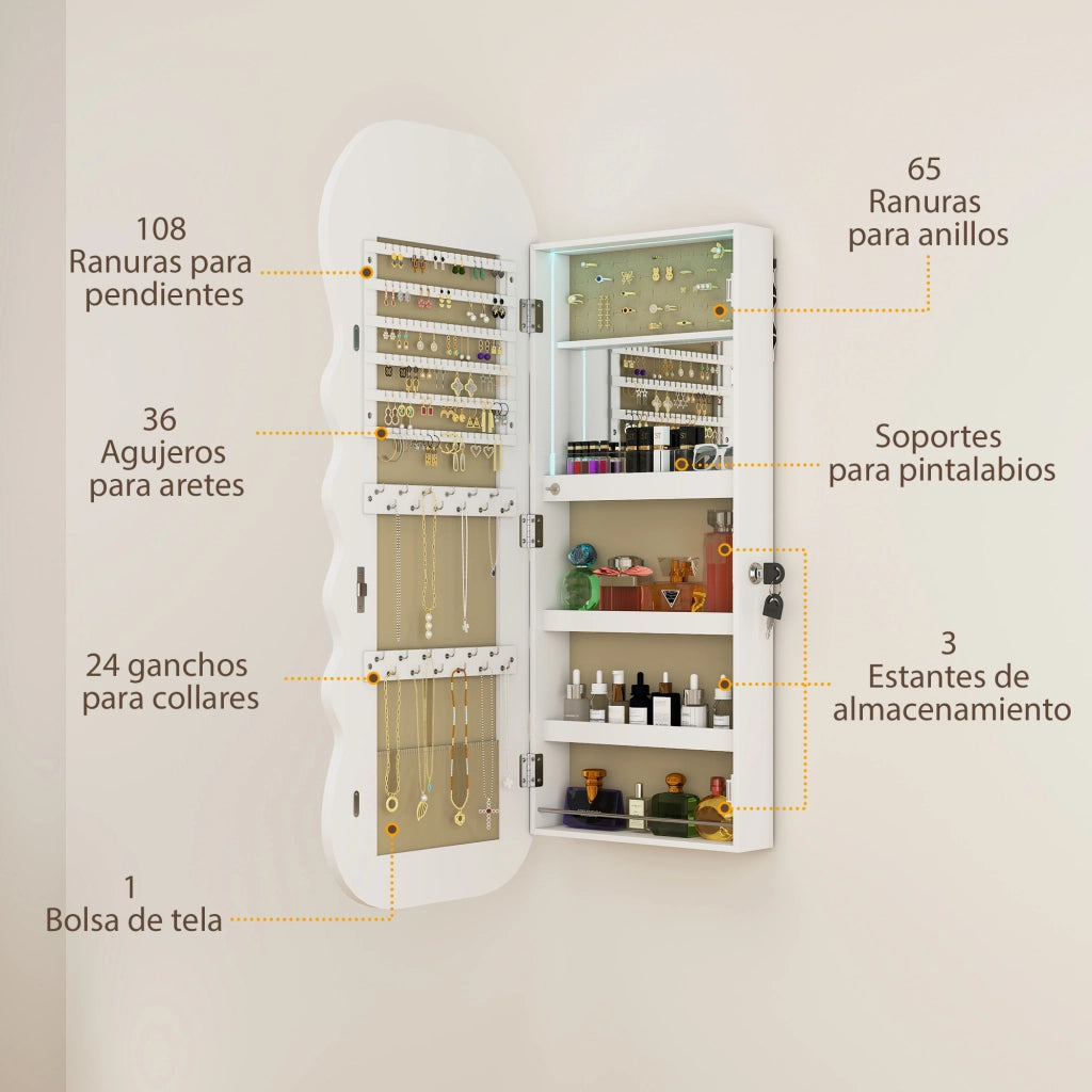 Specchio Portagioie con Luce LED da Parete o Porta ¨C Xylo ¨C Bianco con Serratura